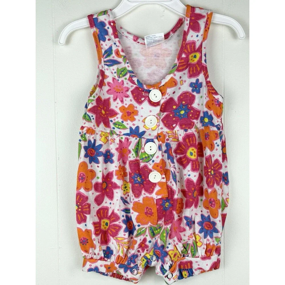 Vintage 12 Month Romper Girls 90s Colorful Floral Bright Summer